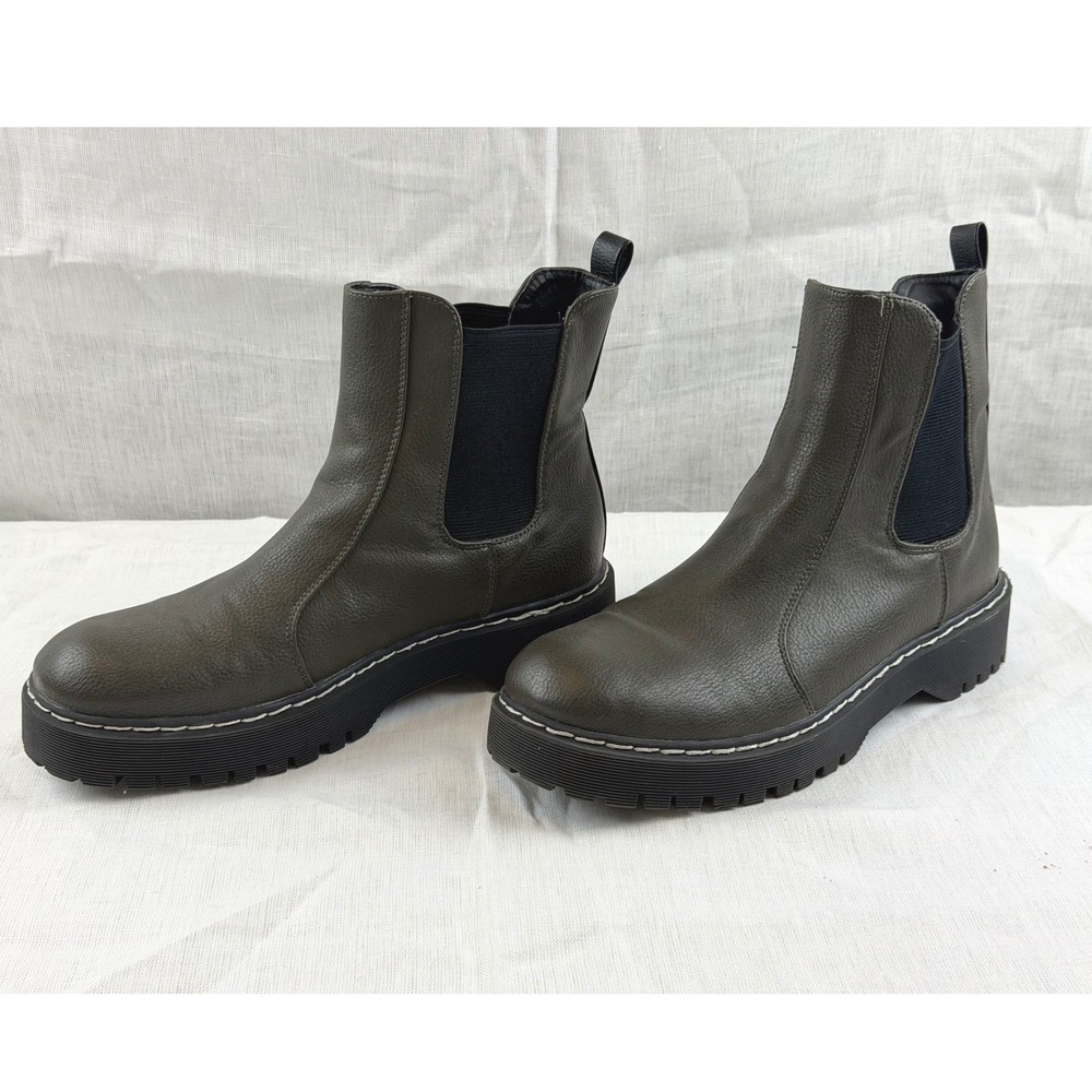 Sincerely Jules Hippie Army Green Leather Platform Chelsea Lug Sole Boots 10M